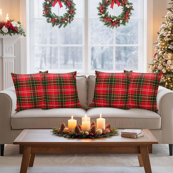 YOKOU Outdoor Waterproof Throw Pillow Covers, Merry Christmas Red and Green Gingham Tartan Plaid Vintage Farmhouse Decor Pillowcases Cushion Covers Cases for Patio Couch Bench, Pack of 2, 20X12 Inch