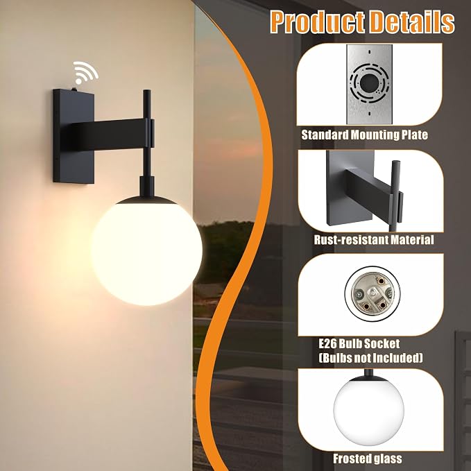 Hyunbae 18.1" Dusk to Dawn Outdoor Wall Sconce, Black Modern Exterior Light | White Globe Glass Shade, E26 Front Porch Light, Photocell Sensor, Garage Patio Entryway Use, IP65 Wall Mount Waterproof