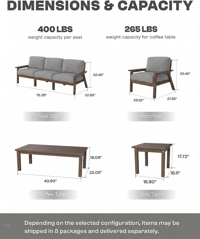 2 Piece HDPE Outdoor Furniture Set with Gray Cushions (Brown Frame) | All-Weather HDPE, Modular Design, Extra-Deep Seating, Thick Cushions, Ideal for Backyard, Deck & Porch