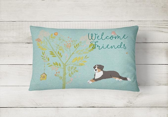 Caroline's Treasures BB7579PW1216 Welcome Friends Bernese Mountain Dog Canvas Fabric Decorative Pillow Machine Washable, Indoor Outdoor Decorative Pillow for Couch, Bed or Patio, 12HX16W