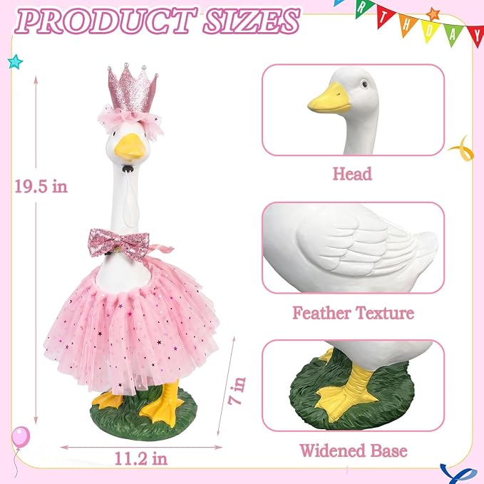 Porch Goose Statue Garden Décor - 20″ Large Porch Goose Statues with Crown Pink Skirt, Resin Animal Figurine Indoor or Outdoor Decor for Patio,Entryway Accent,Housewarming Birthday Gifts for Mom Women