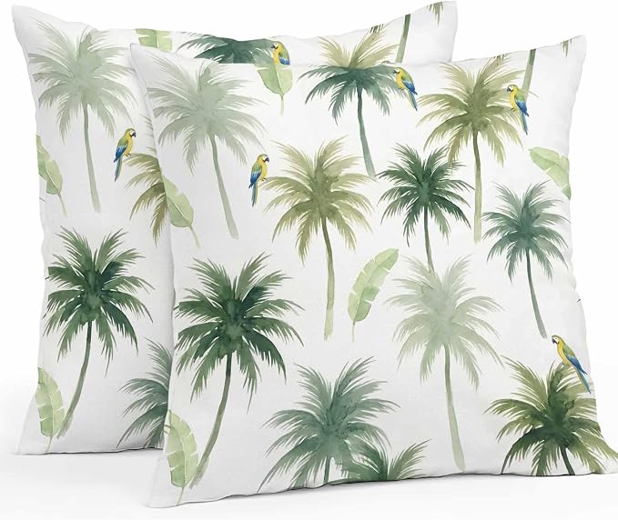 Yukro Summer Palm Tree Parrot Outdoor Waterproof Pillow Covers Pack of 2, Tropical Green Leaf Bird Throw Pillowcases Decorative Cushion Covers for Garden Patio Tent Sofa Couch, 16x16 inch