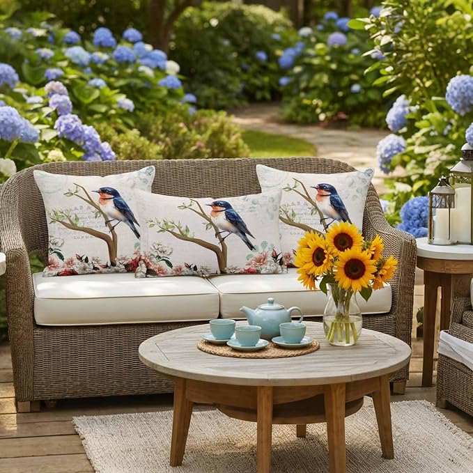 Spring Bird Branch Waterproof Outdoor Pillow Covers Set of 2 Home Decor, Farmhouse Vintage Botanical Floral Pillowcase Patio Pillow Covers for Couch Bench Furniture Garden 26x26in