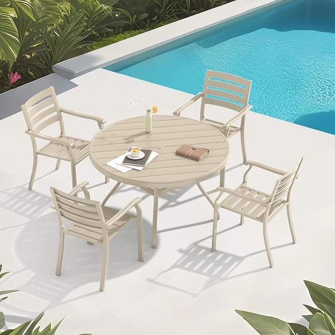 LUMISOL 5-Piece Outdoor Patio Dining Set, 4 Stackable Metal Dining Chairs and 40.6" Round Metal Dining Table, Outdoor Table and Chairs for Lawn Garden Backyard, Sandstone