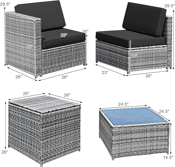 RELAX4LIFE 8-Piece Patio Furniture Set - PE Wicker Conversation Set w/Soft Cushions & Tempered Glass Storage Table, Outdoor Sectional Sofa Set for Garden, Poolside, Backyard (Grey)