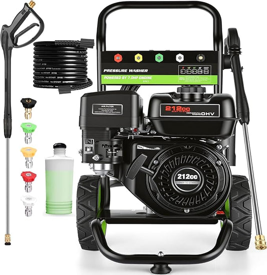 Professional 4200PSI 4GPM 212CC Gas Pressure Washer, 7.0HP Heavy-Duty 3600RPM Commercial Gas Power Washer with 1000ML Foam Bottle 8" Wheels 5 Nozzles 25FT Hose (EPA/CARB/ETL Compliant), Black