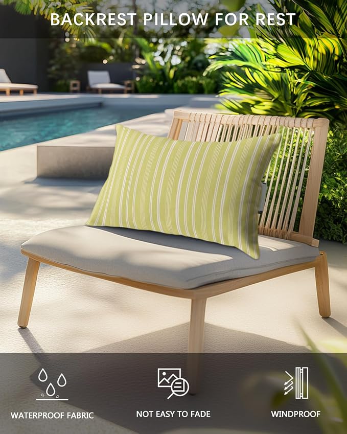 Pack of 4 Outdoor Lumbar Pillow Covers 12x20 Inch, Light Yellow Striped Waterproof Throw Pillow Covers Set, Farmhouse Stripes Modern Vintage Indoor&Outdoor Decorative Cushion Cases for Patio Porch Car