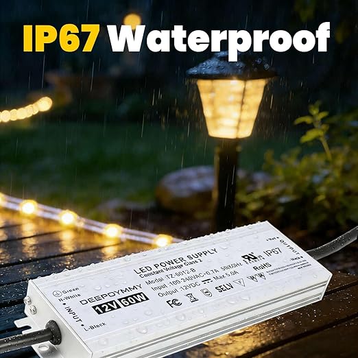 12V DC Power Supply 60W - Ultra Slim LED Driver Low Voltage Transformer with 3-Prong Plug & 3.3ft Cable, IP67 Waterproof for LED Strip Lights, Outdoor Lighting
