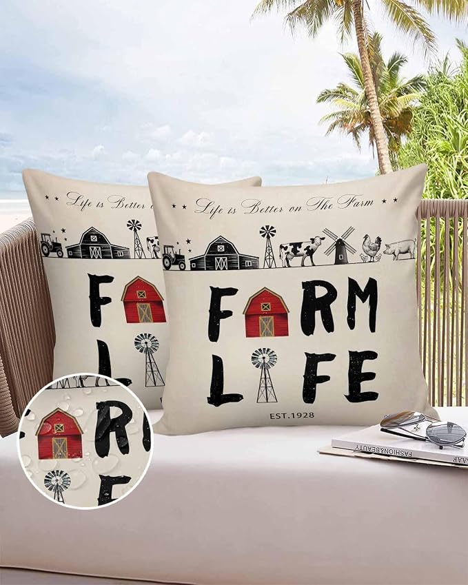 Outdoor Throw Pillows Covers 16x16 inch Set of 2 Waterproof Farm Life Decorative Zippered Cushion Covers for Patio Furniture, Retro Farmhouse Red Barn Windmill Cow Chicken Tractors Lumbar Pillowcases