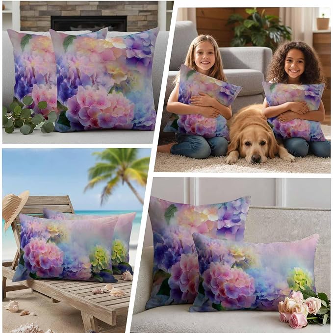 Pink Purple Floral Outdoor Pillow Cover 18x18 Inch Cushion Sham Case, Spring Hydrangea Flower Vintage Botanical Waterproof Decorative Square Throw Pillowcase for Outside Garden Patio Porch Couch Chair