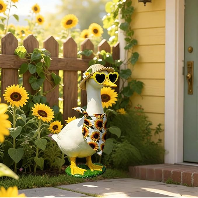 Sunflower Porch Goose Outfits, Goose Statue Clothes with Straw Hat + Heart Sunglasses + Sunflower Triangle Bandana for 17'' / 23'' Lawn Statues Outdoor Garden Yard Decor