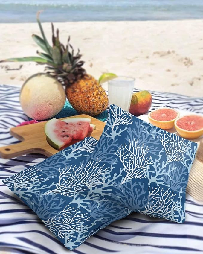 Outdoor Waterproof Throw Pillow Covers Set of 2 Blue Coral Pillowcases 24x24 Inches Nautical Coastal Marine Life Patio Decorative Pillows Cushion Case Patio Pillows for Couch Bed Chair Garden