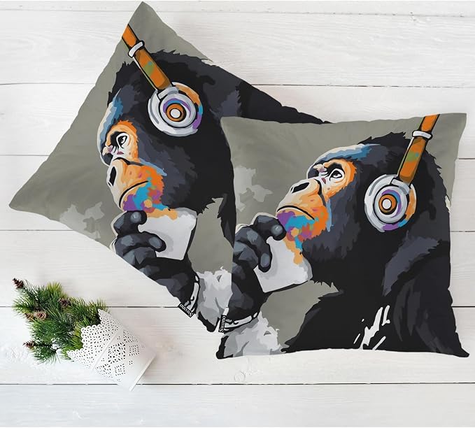 Swono Monkey Throw Pillow Case, Funny Chimpanzee Monkey Headphone Music Square Home Decorative Cushion Cover for 18 X 18 Inches Pillow Covers, 2 Pack Pillowcases for Bedroom Office Dorm Couch