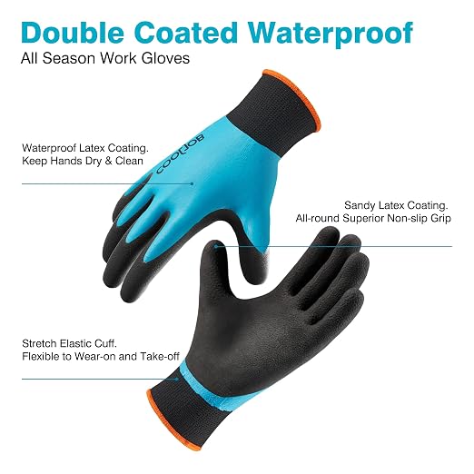 COOLJOB Waterproof Gardening Work Gloves with grip for Women & Men, Double Rubber Coated for Garden Yard Outdoor Construction Worker, Blue X-Large Size 2 Pairs