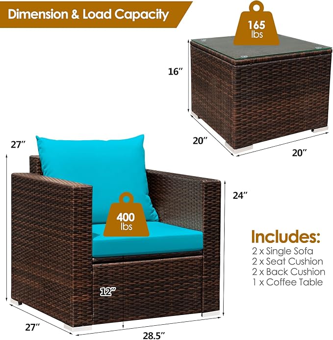 RELAX4LIFE 3-Piece Wicker Bistro Set - Outdoor Patio Rattan Sofa Set w/Washable Cushions & Tempered Glass Coffee Table, Conversation Furniture Set for Backyard, Porch, Garden & Poolside (Turquoise)
