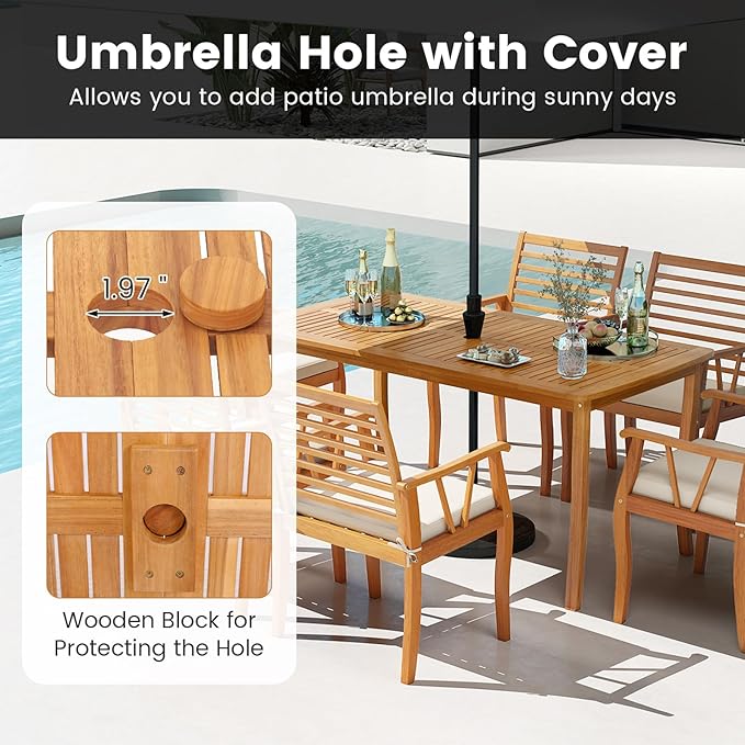 Tangkula 7 Pieces Acacia Wood Patio Dining Set, Outdoor Table and Cushioned Chairs Set with 1.97” Umbrella Hole, Outside Dining Furniture Set for Deck, Garden and Backyard