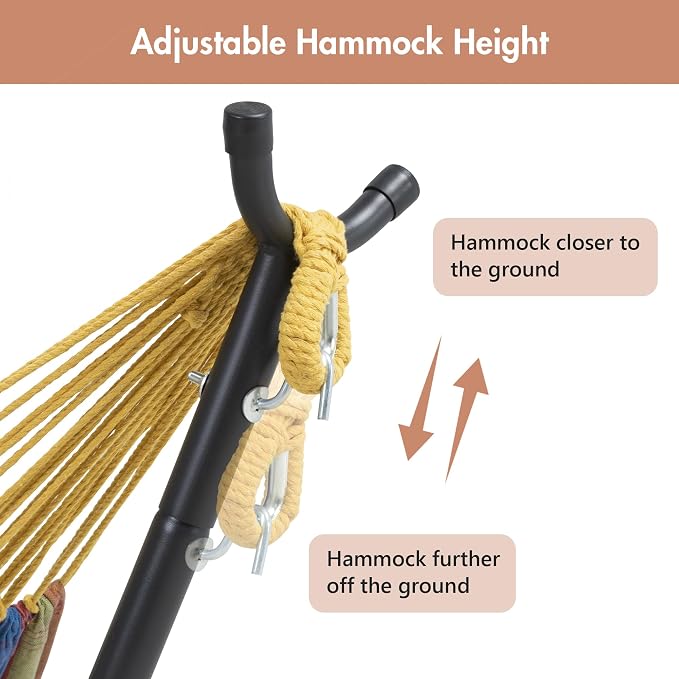 ANOW Double Hammock with Stand for Outside, Portable Space Saving Hammock Stand with Adjustable Height for Indoor Outdoor, 475 Lbs Capacity, Rainbow Stripes