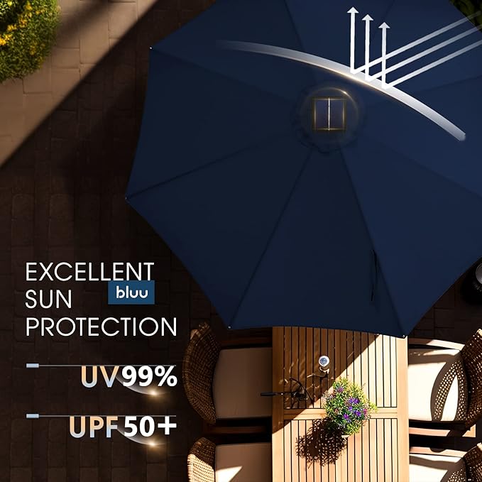 BLUU 9 Ft Patio Umbrella with Solar LED Lights, 5-Year Fade-Resistant Aluminum Outdoor Table Umbrella with Tilt Adjustment and Crank for Pool, Deck, Garden and Lawn, Navy Blue