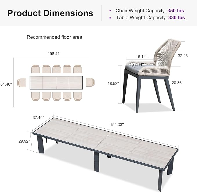 PURPLE LEAF 13 Pieces Patio Dining Set Aluminum Rectangular Table and Wicker Chairs with Cushions for Kitchen Porch Garden Modern Outdoor Furniture Sets, Beige and Dark Grey