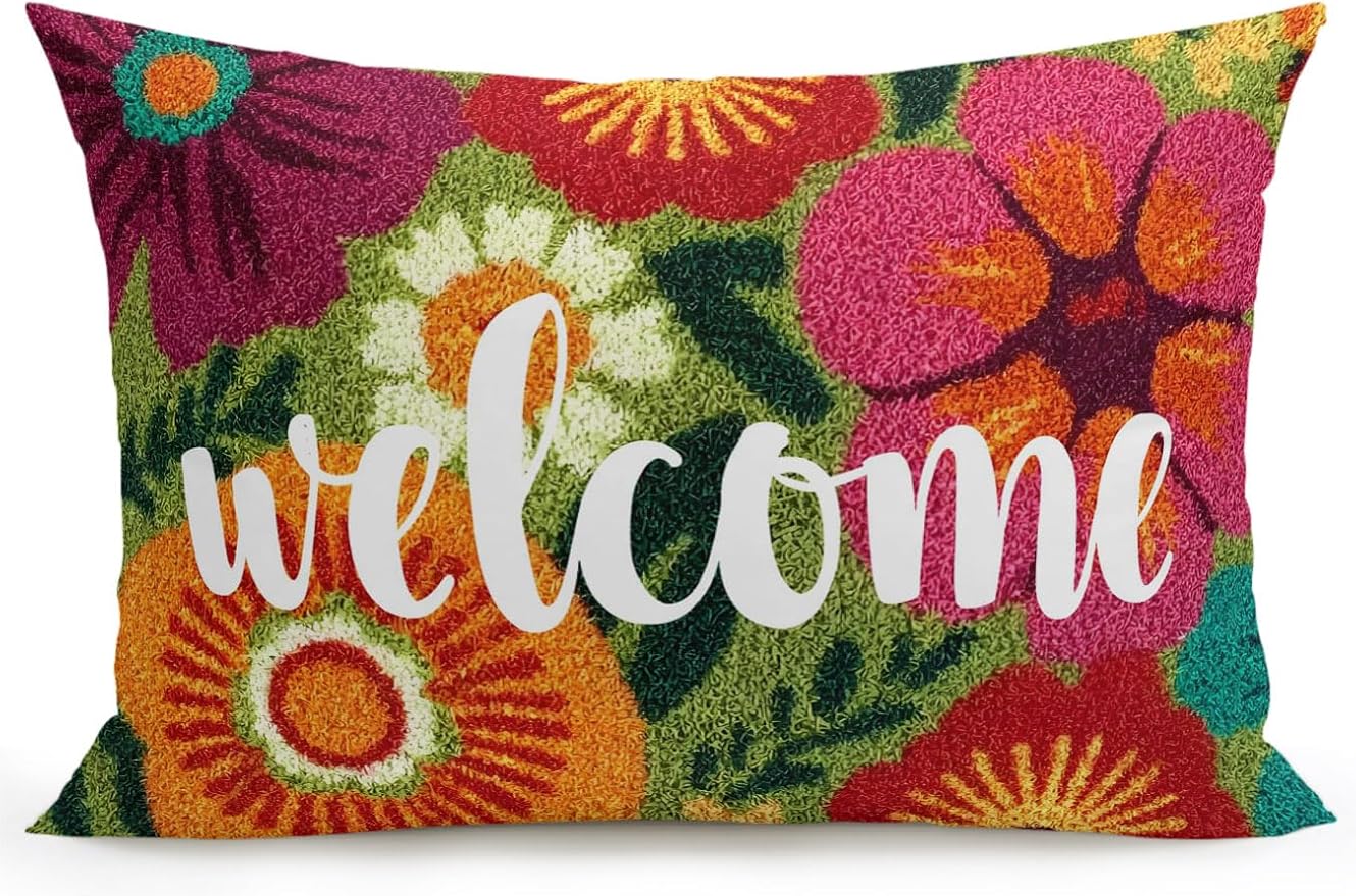 Outdoor Waterproof Throw Pillows 12x20in, Farmhouse Rustic Orange Red Floral Patio Pillows Pack of 1, Decorative Pillow Covers with Insert, Pillow Cushion Case for Garden Abstract Green Leaves