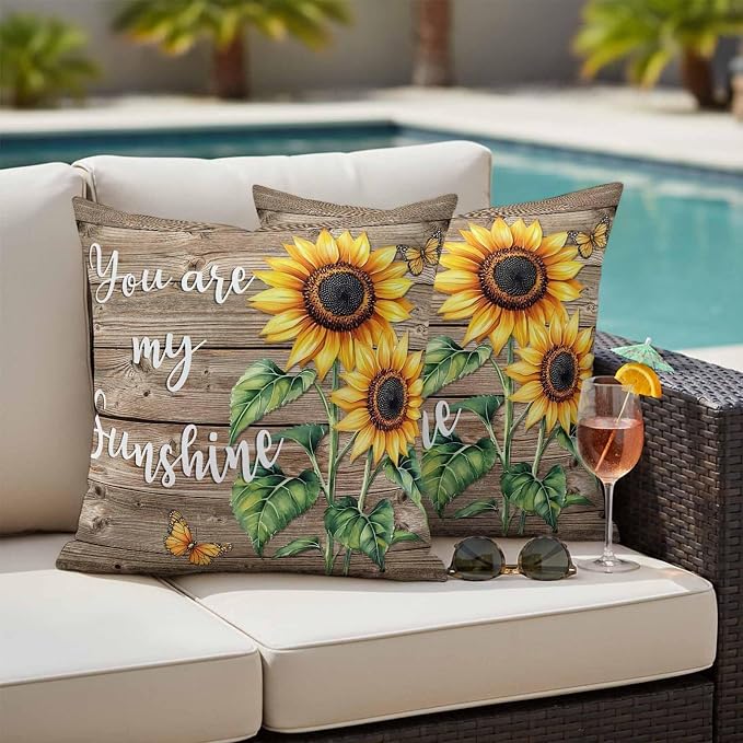 Sunflower Outdoor Waterproof Throw Pillow Covers Set of 2, 16"x16", You are My Sun Shine Vintage Brown Wood Board Decorative Pillow Covers Outside Cushion Case for Patio Porch Garden