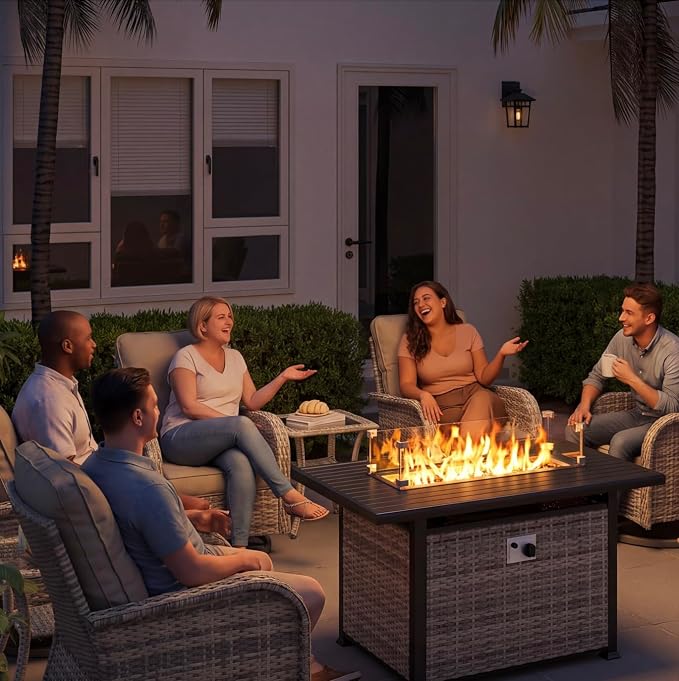 13Pcs Patio Rocking Swivel Chair with 55,000 BTU Fire Pit Table Outdoor Wicker Rattan Bistro Set with Tempered Glass Side Table, Patio Furniture Set for Garden and Balcony, Avocado Green
