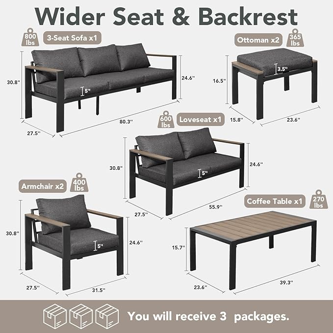 Outdoor Patio Furniture Set 9 Seats Luxury Aluminum Patio Conversation Set with Washable Thick Cushions, 7 Pieces Outdoor Sectional for Porch, Balcony, Deck, Yard, Dark Gray