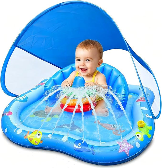 iGeeKid Baby Play Mat with Sprinkler, Inflatable Baby Pool Float with Canopy Backrest & Stackable Rings Water Sprinkler for Kids, Outdoor Water Play Toys for Toddlers Backyard Swimming Water Games