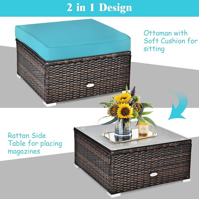 Tangkula 6 Pieces Wicker Patio Furniture Set, PE Rattan Outdoor Sectional Conversation Set with Glass Coffee Table & Ottoman, Wicker Sofa Set with Cushions for Yard Garden, Deck, Porch (Turquoise)