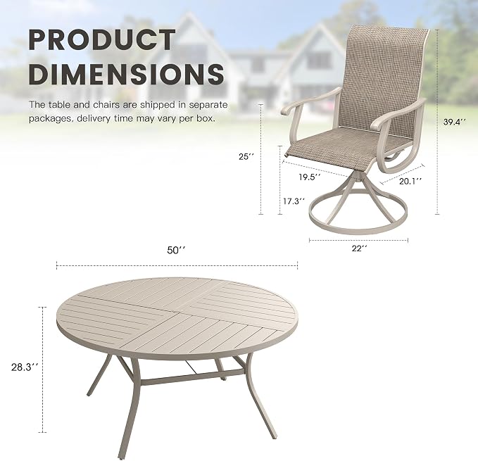 Outdoor Dining Set for 6, 50.1" Metal Round Outdoor Dining Table with Umbrella Hole and Patio Swivel Chairs, 7 Pieces Patio Table and Chairs Set for Garden Backyard, Sandshell