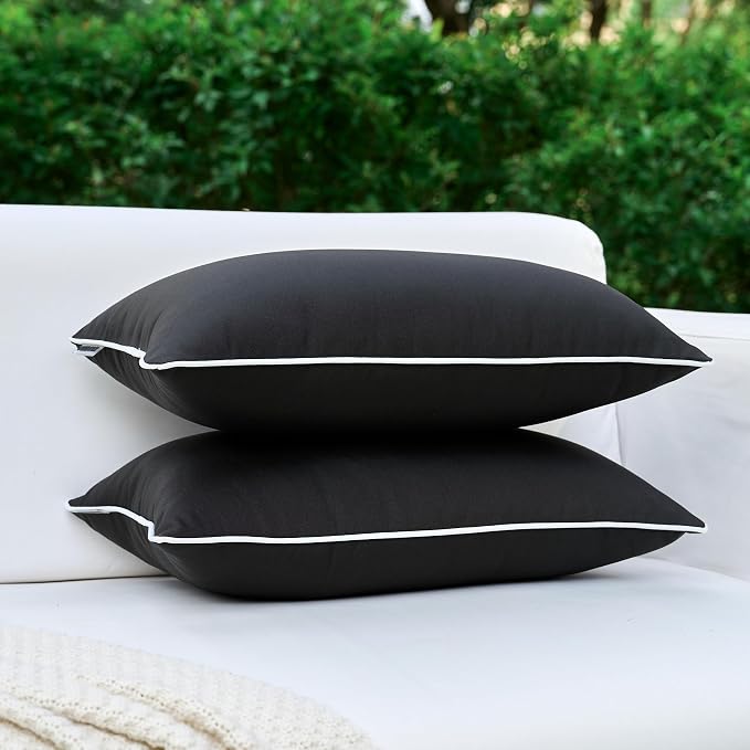 LIGICKY Pack of 2 Black Outdoor Waterproof Lumbar Throw Pillow Covers Decorative White Edge Rectangle Pillows Cushion Case Outside Pillowcase for Patio Couch Tent Sunbrella ((12x20 inch)