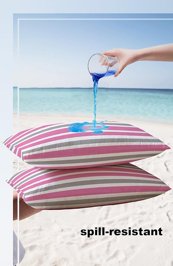 Outdoor Waterproof Pillow Covers for Patio Furniture Pink Grey and White Stripes Decorative Throw Pillow Cover Farmhouse Stripe Pillowcases Set of 2 Cushion Case for Sofa Couch Chair 20 x 12 In