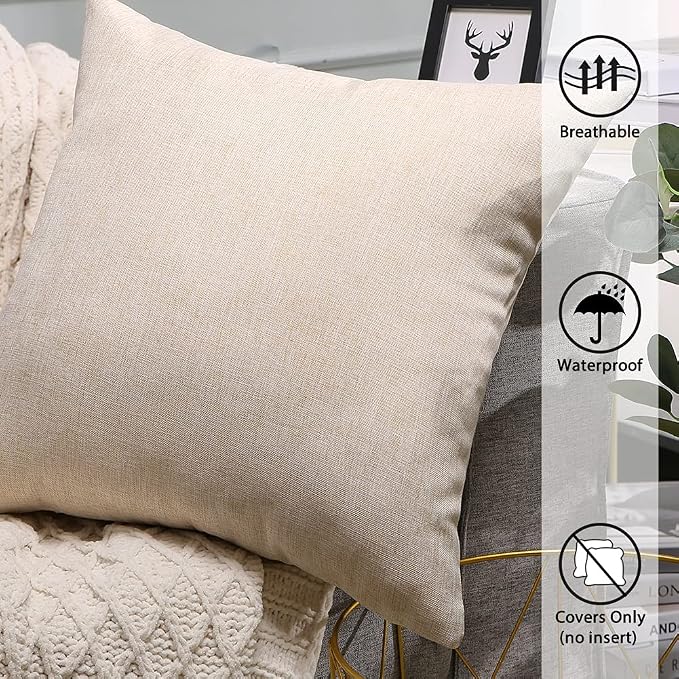OTOSTAR Pack of 2 Waterproof Outdoor Indoor Throw Pillow Covers 18x18 Inch Garden Decorative Pillow Covers Square Pillowcases Outdoor Patio Cushion Case Pillows for Couch Tent Park Sofa Decor (Beige)