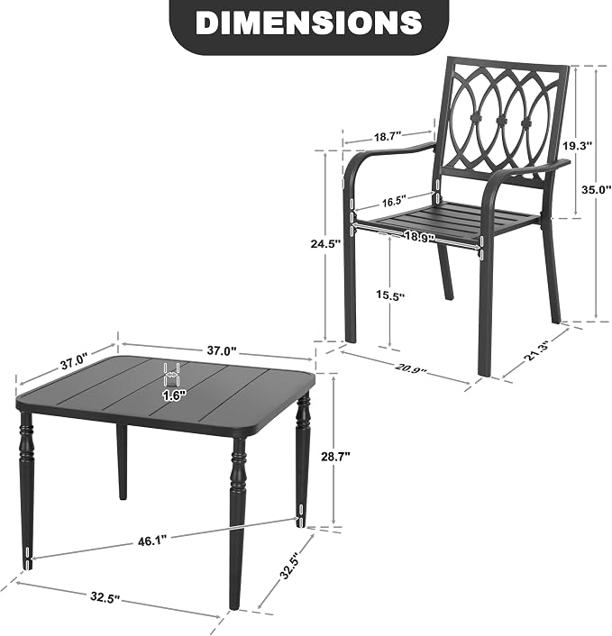 NUU GARDEN 5 Piece Outdoor Dining Set, 4 Slatted Stackable Chairs and 37 Inch Square Metal Table with Umbrella Hole, All-Weather Powder-Coated Iron for Garden, Patio, Backyard, Deck, Black