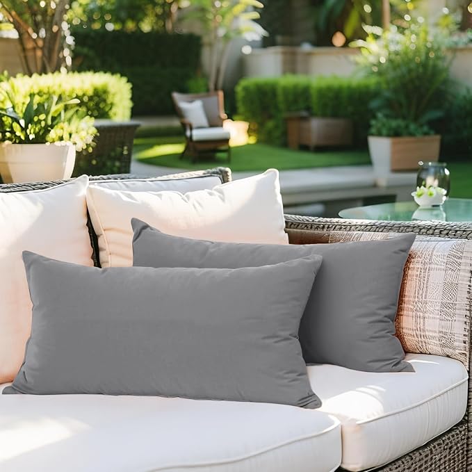 SK Studio Outdoor Water Resistant Throw Pillows, Decorative Patio Lumbar Cushions, Fluffy Furniture Garden Cushions for Home Patio Coach Sofa Use, Pack of 2, Grey, 16x16 Inch