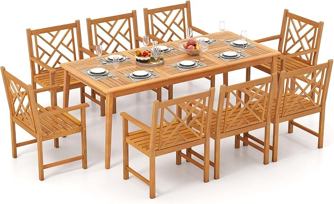 Tangkula 9 Pieces Patio Dining Table Set, Wood Rectangular Dining Table with 1.96” Umbrella Hole and 8 Chairs, Outdoor Dinner Furniture for Garden, Deck, Backyard