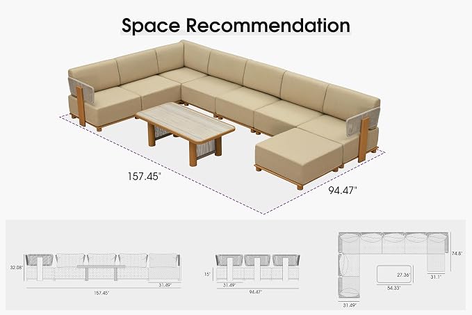 PURPLE LEAF Patio Furniture Set Modular U-Shaped Outdoor Sectional Sofa with 11" Thick Olefin Cushion 9-Piece Outdoor Conversation Set with Ottoman and Table for Backyard Garden Poolside, Beige