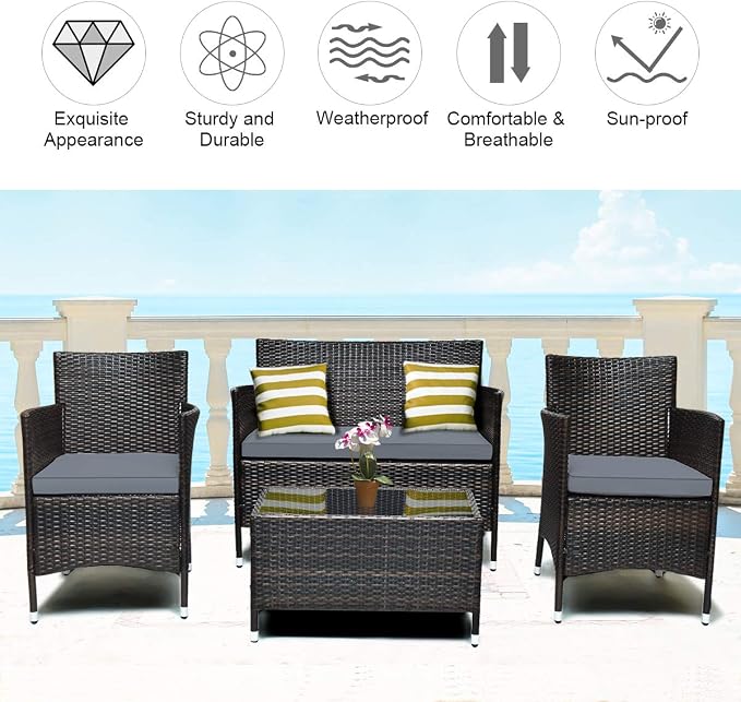 Tangkula 4 PCS Patio Rattan Conversation Set, Outdoor Wicker Furniture Set with Tempered Glass Coffee Table &Thick Cushion, Rattan Chair Wicker Set for Garden, Lawn, Poolside and Backyard (1, Gray)