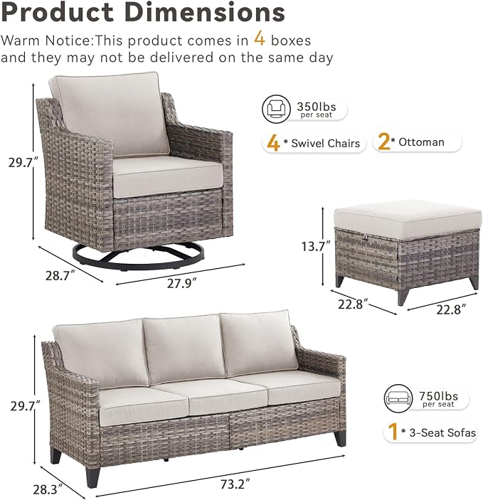 Outdoor Patio Furniture Set-7 Pieces All-Weather Wicker Outdoor Furniture with Swivel Patio Chairs Outdoor Patio Conversation Sets for Garden Porch Deck Grey/Beige