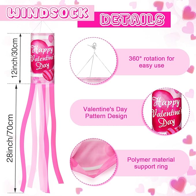 NOVWANG 2 Pieces 40 Inches Valentine's Day Windsock, Valentine Hearts Windsocks Outdoor Hanging Wind Sock for Wedding Anniversary Home Party Yard Garden Patio Decoration