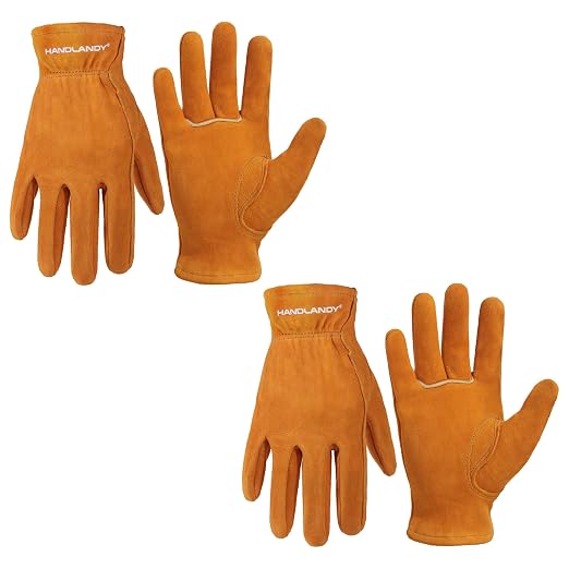 HANDLANDY 2 Pairs Kids Leather Gardening Gloves, Kid Work Gloves, Orange, L | Durable Soft Breathable Yard Work Cycling Outdoor Playing Glove for Age 2-9, for Children, Boys, Girls, Toddlers, Great Gift