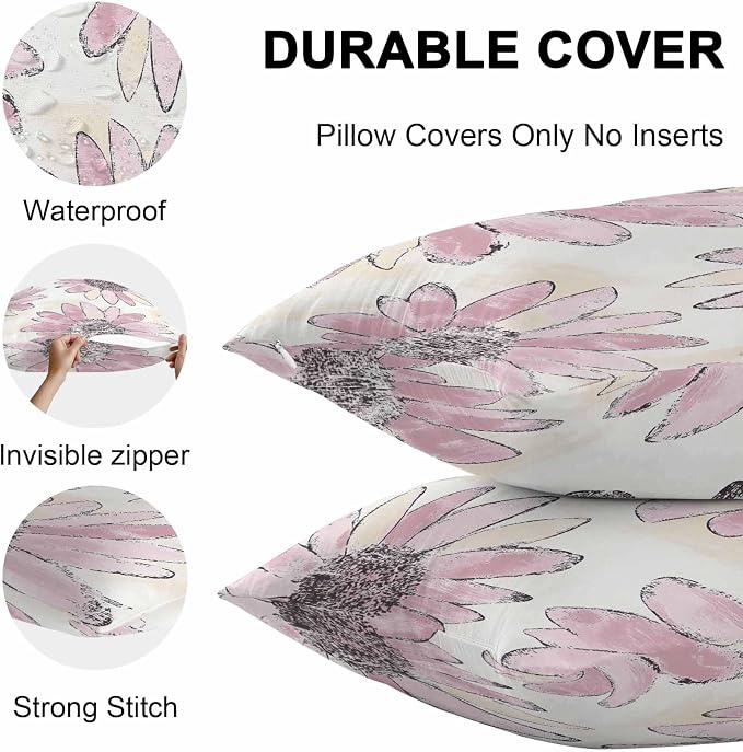 Vandarllin Outdoor Throw Pillows Covers 24x24 inch Set of 2 Waterproof Pink Sunflower Decorative Zippered Cushion Covers for Patio Furniture, Flower Field Lumbar Pillowcases