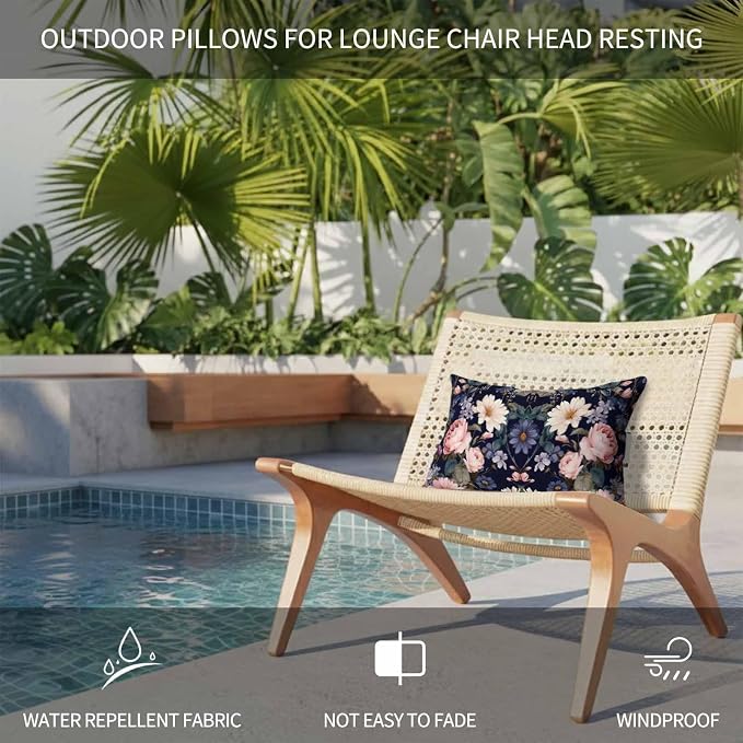 Outdoor Pillows with Insert 2 Pack-11"x16" Floral Head Pillow for Pool Lounger and Office Chair Flowers Vintage Boho Romantic Lumbar Pillow with Adjustable Strap