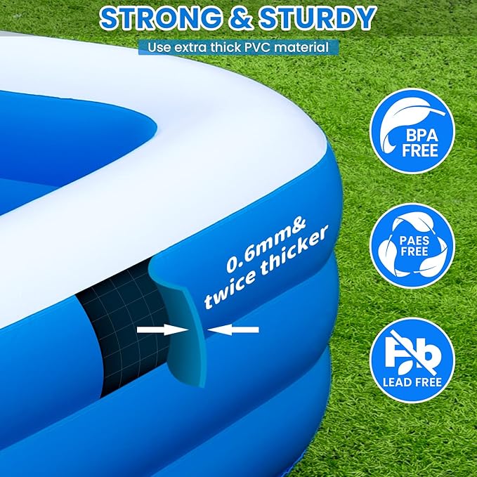 Inflatable Swimming Pool for Family, 130" x 72" x 22" Large Blow Up Pool for Adults & Kids, Thickened Backyard Pool with Pump, Quick Inflation Summer Outdoor Water Party Pool