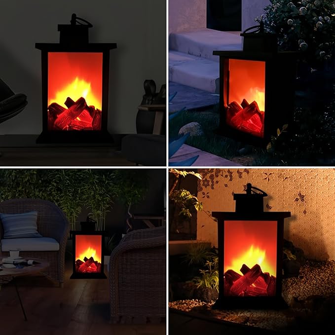 Simulated LED Fireplace Lantern USB & Battery Powered Flameless Light with Simulation Flame Table Decorative Lamp Mini Fireplace Ornament for Cozy Home Decor Free Standing Electric Log Burner