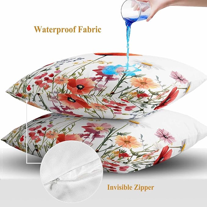 Pastoral Flowers Outdoor Waterproof Throw Pillow Covers Set of 2, 26"x26", Colorful Daisy Floral Leaves Watercolor Decorative Pillow Covers Outside Cushion Case for Patio Porch Garden