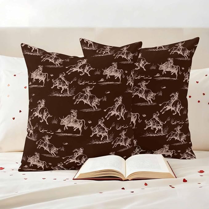 Western Cowboys Outdoor Pillow Covers Waterproof, All Weather Cushion Case Set of 2, Brown Farmhouse Country Pastoral Scenery Decorative Pillowcases for Sofa Couch Bed Decor Patio Furniture 18"x18"