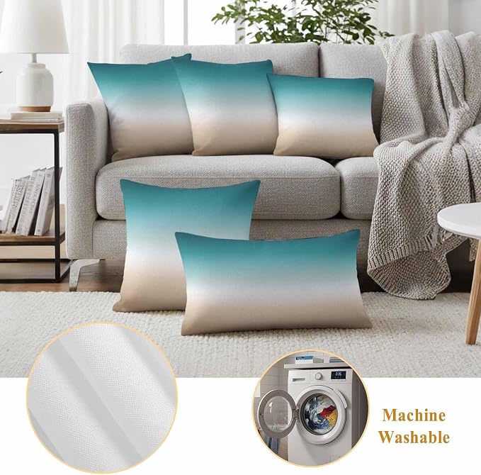 Outdoor Pillow Covers Set of 2, Teal to Khaki Gradient Art Decorative Throw Pillow Covers 16X16IN, Turquoise Watercolor Style Throw Pillows Protector Cushion Case for Patio,Couch,Sofa,Garden