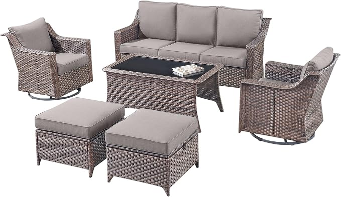 6 Pieces Outdoor Furniture Set-Deep Seating 3-Seat Couch with Patio Swivel Chairs Outdoor Coffee Table for Porch Garden Backyard Poolside-Brown/Grey