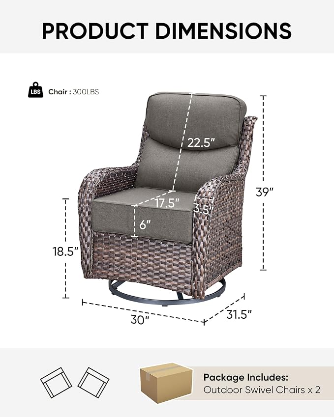HUMMUH Outdoor Patio Wicker Swivel Rocker Chairs Set of 2 with 6-Inch Thick Cushion High Back Wicker Conversation Set for Porch Balcony Deck
